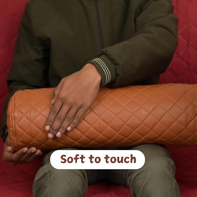Neck Roll Pillow Cushion Cover, 18x7 Inch Full Moon Round Bolster Pillow Case, Cylinder Soft Lambskin Leather Pillowcase for Head, Spine & Neck Support During Sleep - Quilted Tan Pack of 2