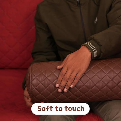 Neck Roll Pillow Cushion Cover, 14x7 Inch Full Moon Round Bolster Pillow Case, Cylinder Soft Lambskin Leather Pillowcase for Head, Spine & Neck Support During Sleep - Quilted Chocolate Brown Pack of 2