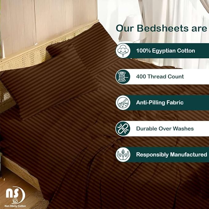 NON Sticky cotton Queen Size Sleeper Sofa Sheets, 4 Piece Egyptian Cotton Bed Sheet Set for Sofa Bed, 7" Deep Pocket for Pull Out Couch Mattress, 60" x 75", Chocolate Stripe, Soft & Breathable