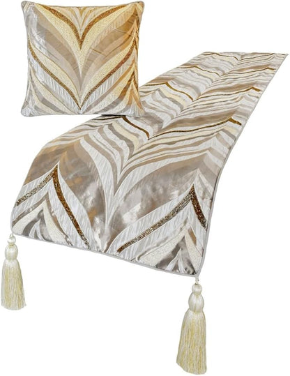 The HomeCentric King/Queen/Twin Ivory Luxury King 90"x18" Bed Runner Without Pillow Cover, Bead Hand Embroidery Bed Scarf on Jacquard Fabric - Clarissa Serene