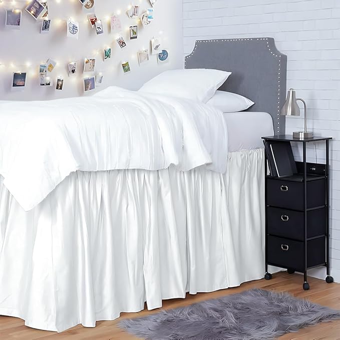 Shreem Linen Dorm Room Bed Skirt Twin XL 25 Inch Drop, 100% Microfiber Extra Long Bedskirt, White