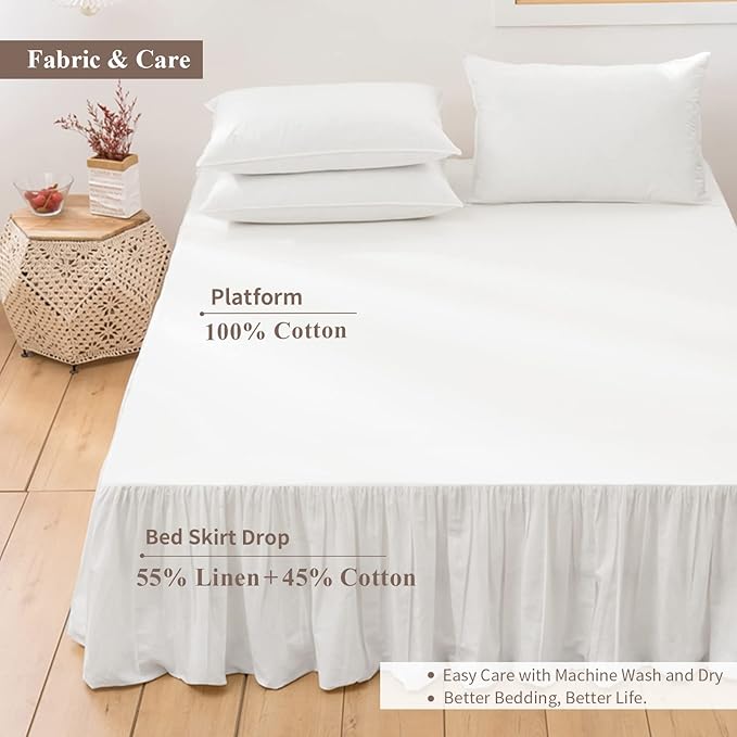 BISELINA French Linen Bed Skirt with Pleated Frills 14-Inch Tailored Drop Natural Flax Cotton Blend Dust Ruffle Soft Cozy Farmhouse Bedding (14" Queen, White)