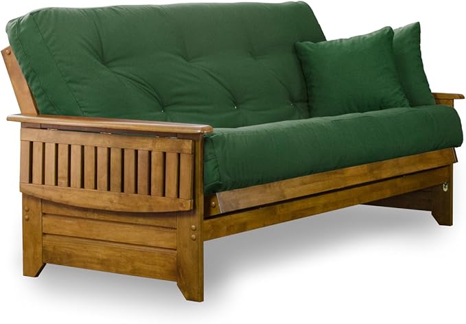 Nirvana Futons Brentwood Tray Arm Futon Sofabed Set - Full Frame, 8" Hunter Green Mattress, Rich Heritage Finish