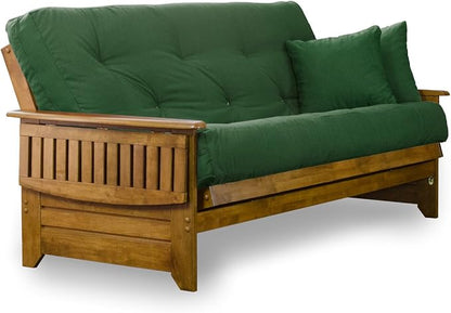 Nirvana Futons Brentwood Tray Arm Futon Sofabed Set - Queen Frame, 8" Hunter Green Mattress, Rich Heritage Finish