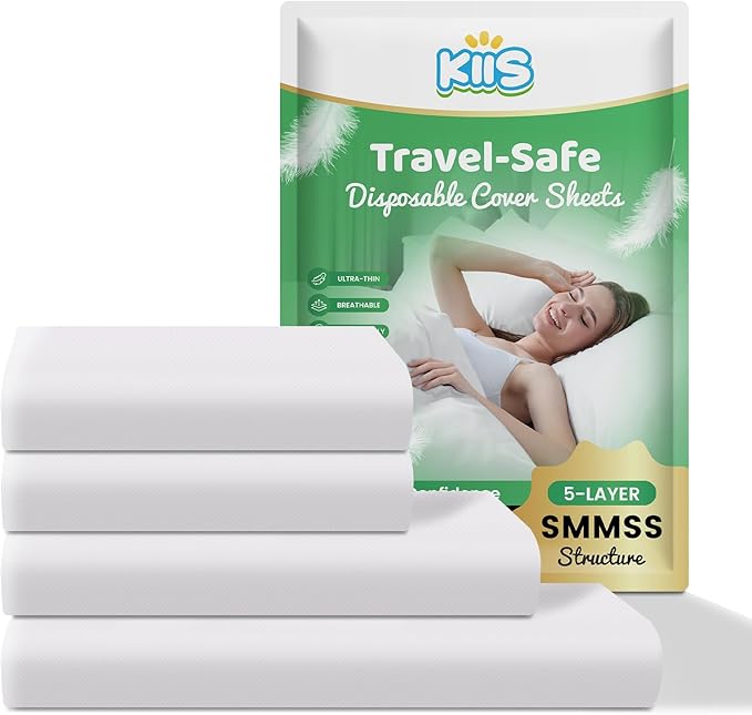 KIIS Travel-Safe Disposable Cover Sheets for Travel, Disposable Bed Sheet, Disposable Duvet/Comforter Cover, Disposable Pillowcases, Perfect for Hotels & Trips (Queen Size)