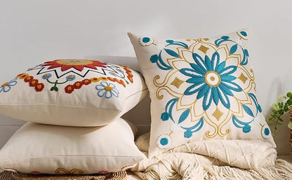 Embroidered Throw Pillow Cover 18x18 Classic Boho Floral Pattern Pillows Cover Outdoor Decorative Pillowcase,Durable Cozy Textured Cushion Case for Sofa Couch Bed Living Room,Teal
