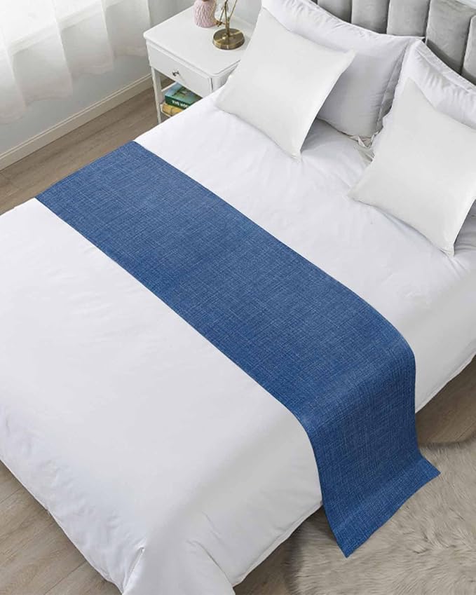 Retro Farm Linen Flax Bed Runners for Bedroom Hotel,Decorative Bedding Scarf Blue Solid Color Ocean Bed End Blanket Bedding Runner Scarves for King Size Bed,102x20in