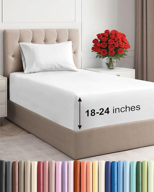 Extra Deep Pocket Twin XL Sheets - 3 Piece Breathable & Cooling Bed Sheets - Hotel Luxury Bed Sheet Set - Soft, Wrinkle Free & Comfy - Easily Fits Extra Deep Mattresses - Deep Pocket White Sheets Set