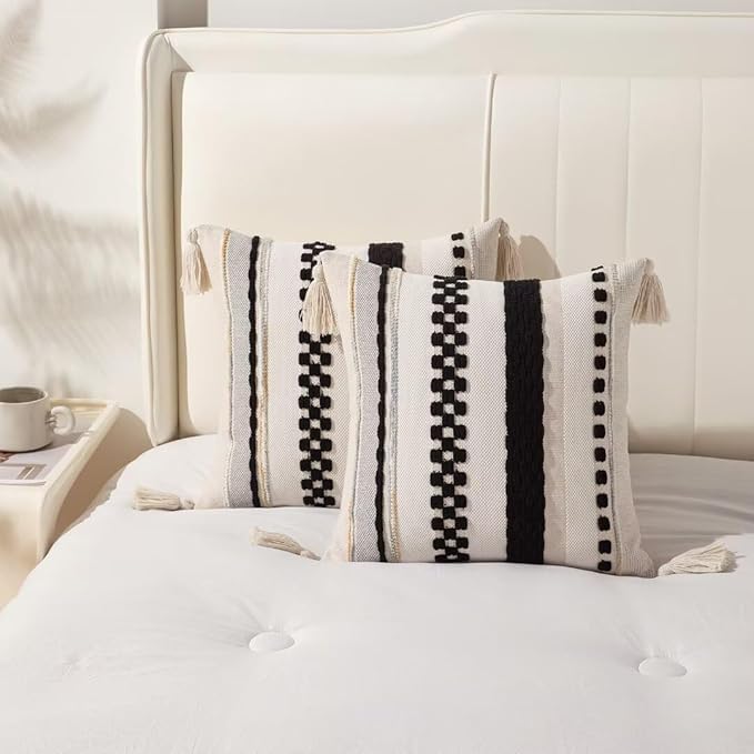 Boho Throw Pillow Covers 18x18 Set of 2 Woven Tufted Farmhouse Pillows Cover with Tassels Textured Striped Cushion Case Neutral Pillow Cases Decorative Pillowcase for Sofa Couch Bed,Black