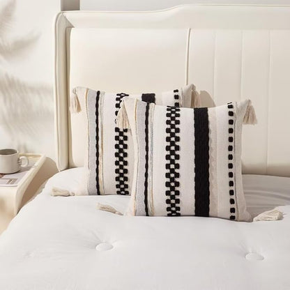 Boho Throw Pillow Covers 18x18 Set of 2 Woven Tufted Farmhouse Pillows Cover with Tassels Textured Striped Cushion Case Neutral Pillow Cases Decorative Pillowcase for Sofa Couch Bed,Black