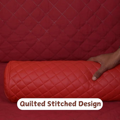 Neck Roll Pillow Cushion Cover, 14x7 Inch Full Moon Round Bolster Pillow Case, Cylinder Soft Lambskin Leather Pillowcase for Head, Spine & Neck Support During Sleep - Quilted Cherry Red Pack of 2