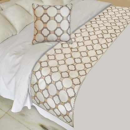 The HomeCentric King/Queen/Twin White, Beige & Grey Decorative Full 68"x18" Bed Runner with Two Pillow Cover, Embroidered, Bouclet & Lace Bed Scarf on Cotton Fabric - Threaded Geometry