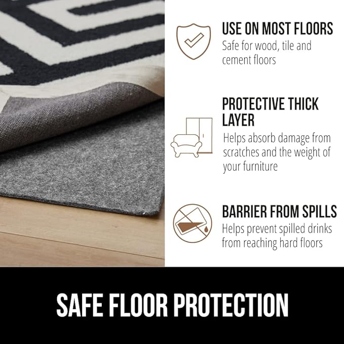 GORILLA GRIP Felt and Natural Rubber Stay in Place Slip Resistant Rug Pad, 1/8in Thick, 7x10 FT Protective Padding Under Area Rugs, Cushioned Gripper Pads, Carpet Runners, Hardwood Floors Protection