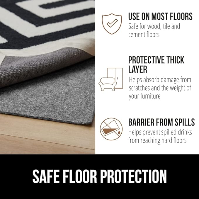GORILLA GRIP Felt and Natural Rubber Stay in Place Slip Resistant Rug Pad, 1/4in Thick, 9x12 FT Protective Padding Under Area Rugs, Cushioned Gripper Pads, Carpet Runners, Hardwood Floors Protection