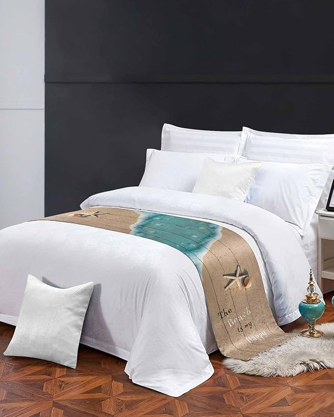 Coastal Ocean Starfish and Shell Sand Bed Runners for Bedroom Hotel,Decorative Bedding Scarf The Beach is My Happy Place Bed End Blanket Bedding Runner Scarves for Full Size Bed,83x20in