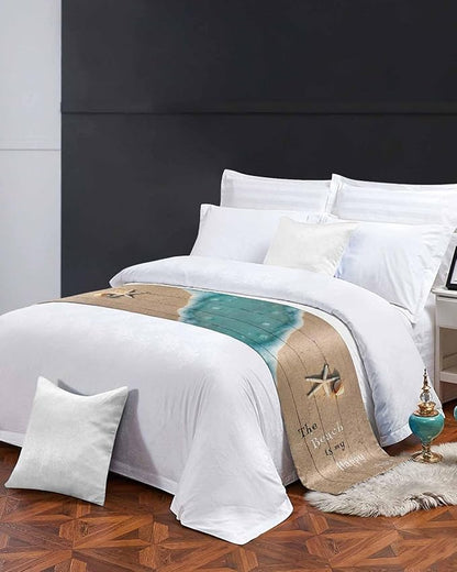 Coastal Ocean Starfish and Shell Sand Bed Runners for Bedroom Hotel,Decorative Bedding Scarf The Beach is My Happy Place Bed End Blanket Bedding Runner Scarves for Full Size Bed,83x20in
