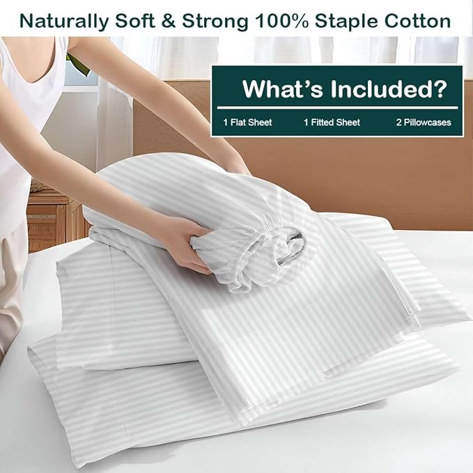 NON Sticky cotton Queen Size Sleeper Sofa Sheets, 4 Piece Egyptian Cotton Bed Sheet Set for Sofa Bed, 10" Deep Pocket for Pull Out Couch Mattress, 60" x 75", White Stripe, Soft & Breathable