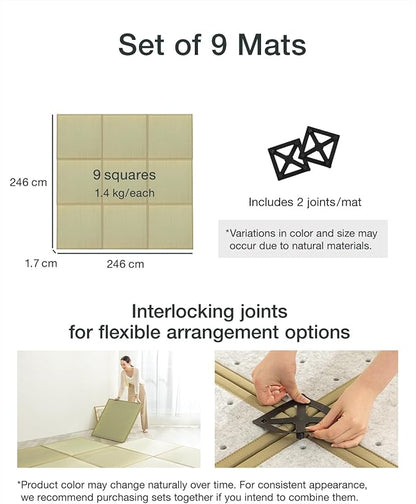 FULI Japanese Square Tatami Rug, Lightweight Igusa Mat (Japanese Rush Grass), Made in Japan (Natural, 9 Pieces)