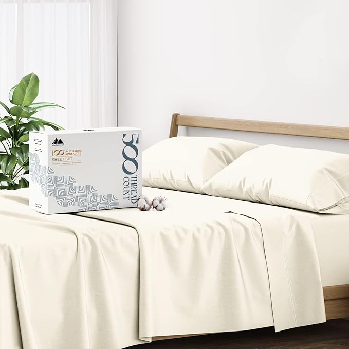 Mayfair Linen 100% Cotton Bed Sheets Queen Sheet Set - 500 Thread Count Sheets Queen Size 4 PC Set (Ivory), Soft, Cooling, Hotel-Quality 16" Deep Pocket Sateen Cotton Bedsheet for Hot Sleepers