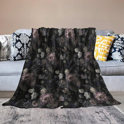 Vintage Gothic Floral Blanket, Black Pink Flower Rose Black Garden Roses Blooming Boho Throw Blankets for Home Bedding Couch Decor, 60"x80"