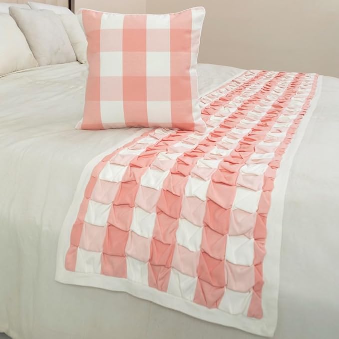 The HomeCentric King/Queen/Twin Peach Pink Decorative CA King 86"x18" Bed Runner Without Pillow Cover, Textured & Buffalo Checks Bed Scarf on Cotton Fabric - Buffalo Plaid Peach