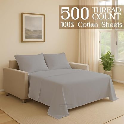 Sleeper Sofa 4 Piece Bed Sheet Set Premium Quality 100% Cotton 500 Thread Count, Smooth & Super Soft Sateen Weave, Extra Soft Bed Sheets, Wrinkle Free, 6 Inch Deep Pocket (Twin, Silver)