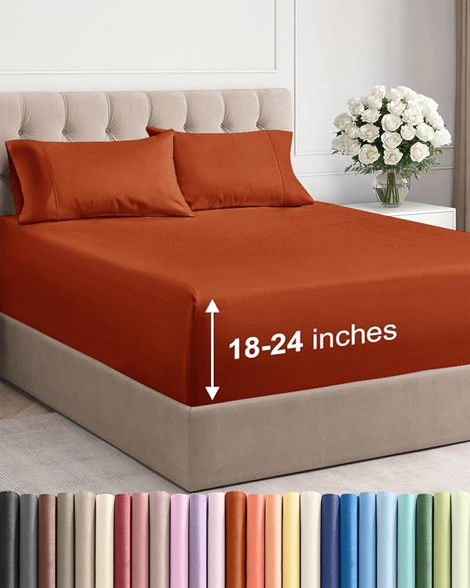 Extra Deep Pocket Queen Sheet Set - 4 Piece Breathable & Cooling Bed Sheets - Hotel Luxury Sheet Set - Soft, Wrinkle Free & Comfy - Easily Fits Extra Deep Mattresses - Deep Pocket Terracotta Sheets