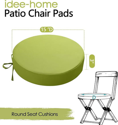 idee-home Outdoor Bistro Chair Cushions, 15”x15”x 3” Thick Outdoor Round Seat Cushions Set of 2 with Ties, Waterproof Round Patio Furniture for Garden