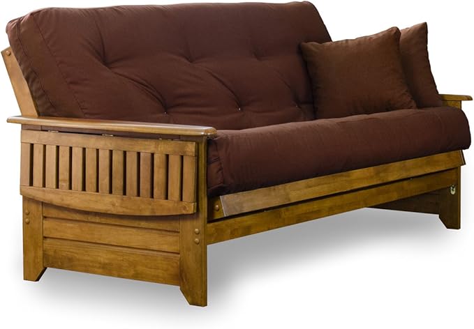 Nirvana Futons Brentwood Tray Arm Futon Sofabed Set - Full Frame, 8" Microfiber Fudge Mattress, Heritage Finish