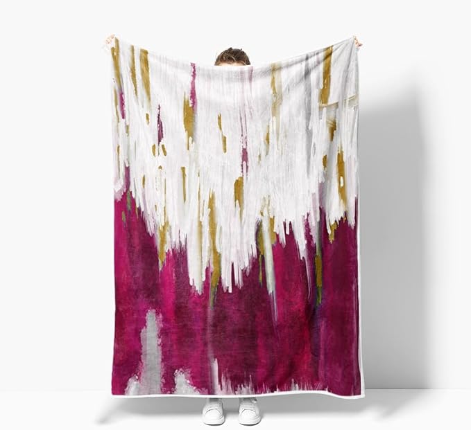 Abstract Ombre Throw Blankets, Modren Chic Art Oil Painting Cozy Warm Bed Couch Blanket, Hot Pink Gold White Fleece Flannel Throws to Decorate The Room and Bedroom