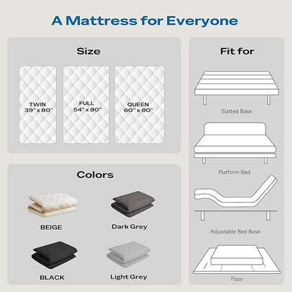 Aircliff Japanese Floor Mattress, Roll Up Tatami Mat, Sleeping Pad, Shikibuton, CertiPUR-US Certified Foam Floor Bed Futon Mattress for Dormitory, Guest Bed, Designed in Japan(Light Grey, Twin)