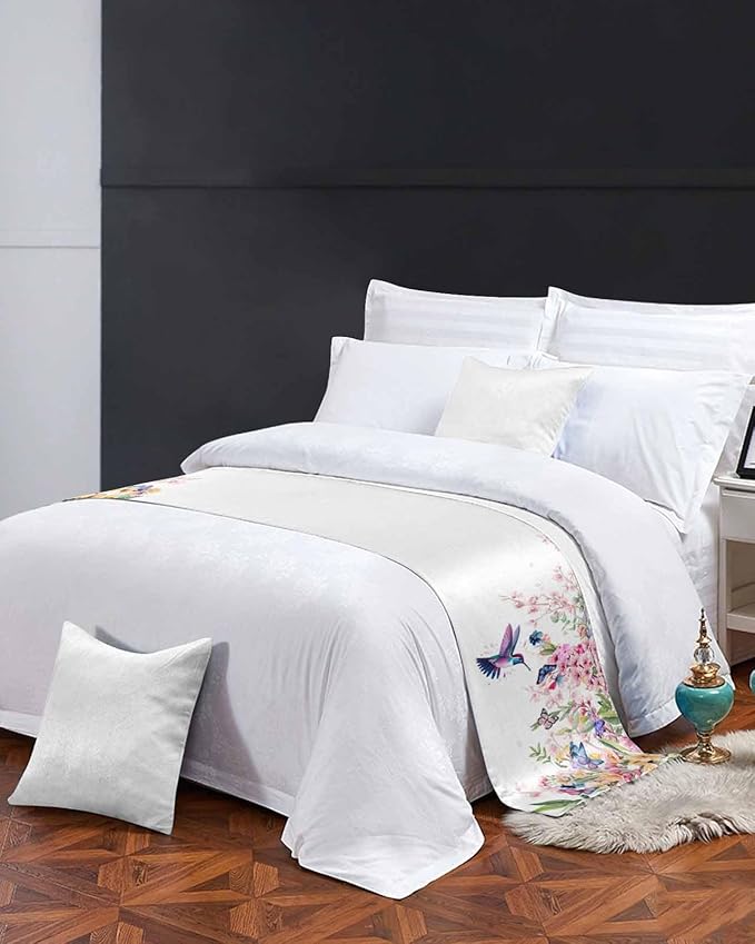 Blossom Floral Hummingbird Bed Runners for Bedroom Hotel,Decorative Bedding Scarf Butterfly Blossom Flower Plant Bed End Blanket Bedding Runner Scarves for Twin Size Bed,71x20in