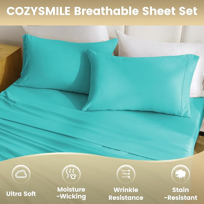 Silky Soft King Size Sheet Set - Luxury 4 Piece Breathable Cooling Sheets for King Size Bed, 16" Deep Pocket Easy Care Wrinkle Free Bedding Sheet and Pillowcase Set, Turquoise