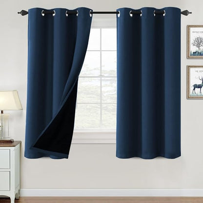 H.VERSAILTEX 100% Blackout Curtains for Bedroom Thermal Insulated Blackout Curtains 63 inch Length Heat and Full Light Blocking Curtains for Living Room with Black Liner 2 Panels Set, Navy