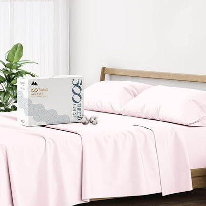 Mayfair Linen 100% Cotton Bed Sheets Queen Set - 500 Thread Count Cotton Sheets for Queen Size Bed, 4 PC Set (Blush), Ultra Soft, Cooling, Sateen Weave 16" Deep Pocket Bedsheet for Hot Sleepers