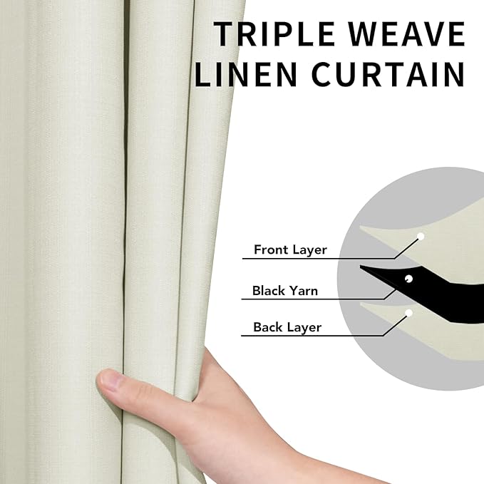 Easy-Going Linen Look 100% Blackout Curtain 52x63 Inch Window Curtain Drapes for Bedroom, Living Room Thermal Insulated Room Darkening (Set of 2 Panels, Ivory)