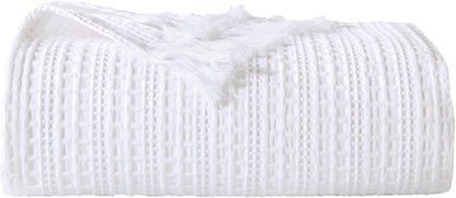 100% Cotton Waffle Blanket with Fringe, Pre-Washed Waffle Weave Blanket for All Season, Lightweight Breathable Soft Cozy Throw Blanket for Couch, Bed, Travel (White - 50x60 Inches)