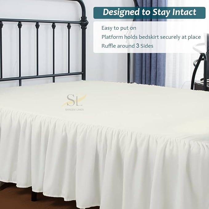 Shreem Linen Ruffled Bed Skirt with Split Corners, Gathered Style, 100% Microfiber, 8-Inch Drop, Dust Ruffle Bedskirt with Platform, Olympic Queen, Ivory