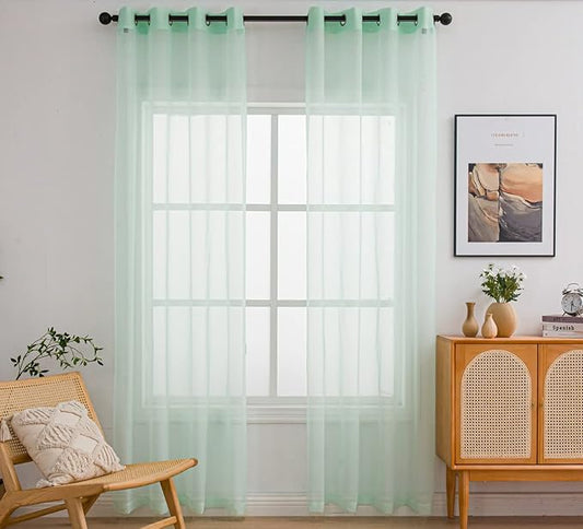 PI Mint Sheer Curtains with Eyelets,Light Voile Textured,Cool Window Backdrop for Farmhouse/Villa 2 Panels (W52 X L95, Mint Green)