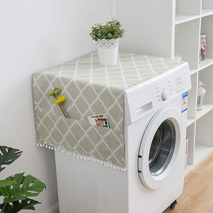 AKOAK 1 Pack 55 x 130cm /22 "x 51" Geometric Washing Machine Refrigerator Dust Cover, Multi-Purpose Household Cotton Linen Dust Microwave Cover, with Storage Pouch (Green diamond)