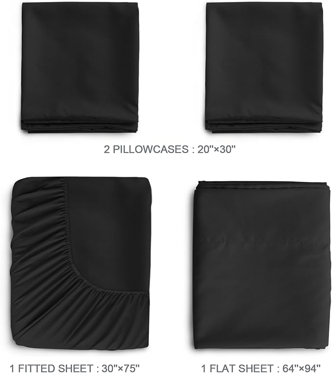 SPRINGSPIRIT Cot Sheets 30" x 75" x 9", 4 Piece Cot Sheet Set, Cot Size Fitted Sheets with Narrow Twin/Camp Bunk/Rvs Bunk/Guest Beds/Trifold Mattress, Black