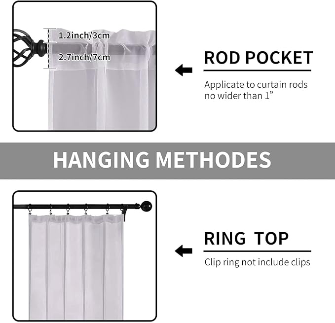 Sheer Curtains 54 Inches Long 2 Panels, Rod Pocket Short Curtain for Kitchen, Bedroom, Cafe Window(Light Grey 38" W x 54" L)