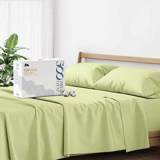 Mayfair Linen 500 Thread Count California King Cotton Sheets - 4 PC Cal King Size Bed Sheet Set Cotton (Sage Green), Soft, Cooling, Sateen 16" Deep Pocket Bedsheet for Hot Sleepers (Fits 18" Mattress)
