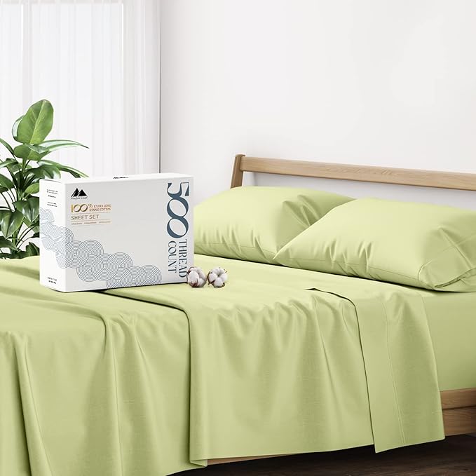 Mayfair Linen 100% Cotton Bed Sheets Queen Sheet Set - 500 Thread Count Sheets Queen Size 4 PC Set (Sage Green), Soft, Cooling, Hotel-Quality 16" Deep Pocket Sateen Cotton Bedsheet for Hot Sleepers