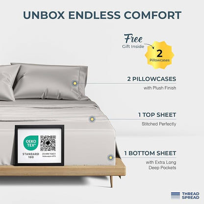 THREAD SPREAD 100% Egyptian Cotton Sheets King Size Bed Set - 4 PC 1500 Luxury High Thread Count Light Grey Egyptian Cotton King Bed Sheets, Silky Soft, Cooling, Sateen Weave, 17" Deep Pocket Bedsheet