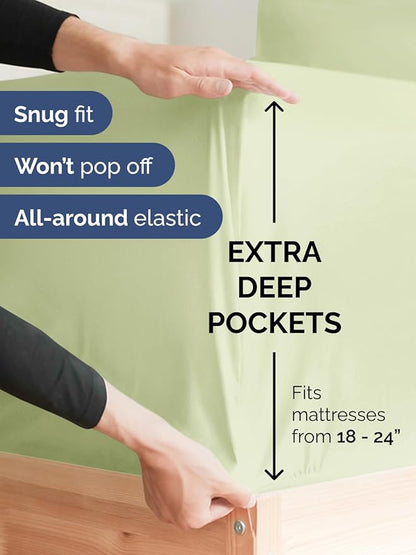 Extra Deep Pocket Cal King Sheets - 4 Piece Breathable & Cooling Bed Sheets - Hotel Luxury Bed Sheet Set - Soft, Wrinkle Free & Comfy - Easily Fits Extra Deep Mattresses - Light Sage Green Sheets Set
