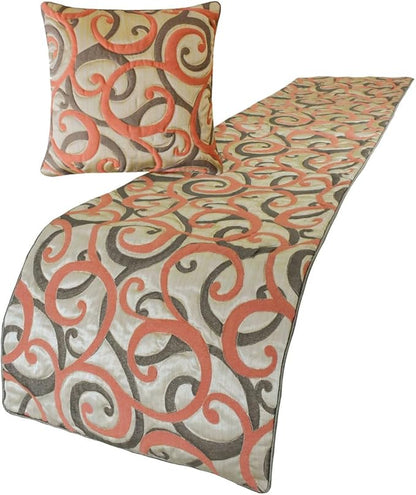 The HomeCentric King/Queen/Twin Orange Luxury King 90"x18" Bed Runner with Two Pillow Cover, Scroll, Jacquard & Quilted Bed Scarf on Jacquard Fabric - Scroll Cascade