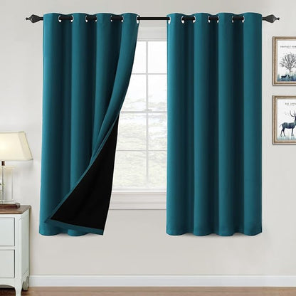 H.VERSAILTEX 100% Blackout Curtains for Bedroom Thermal Insulated Blackout Curtains 63 inch Length Heat and Full Light Blocking Curtains for Living Room with Black Liner 2 Panels Set, Dark Teal