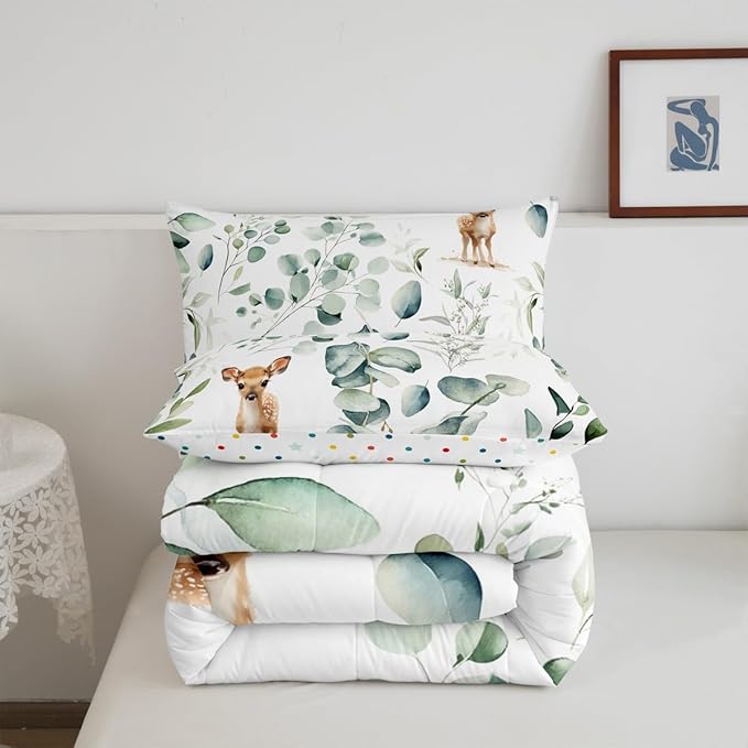 Erosebridal Cartoon Deer Queen Comforter Set Toddler Woodland Wildlife Bedding Set Queen, Plant Bedding Comforter Sets Eucalyptus Leaf Duvet Set, Jungle Animal Theme Quilted Comforter Kids Room Decor