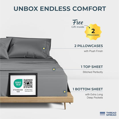 THREAD SPREAD 100% Egyptian Cotton Sheets Bed Set - 1500 Luxury High Thread Count Bed Sheets, Soft, Cooling, Sateen Weave, 17" Deep Pocket Bedsheet - 4 PC, California King Dark Grey